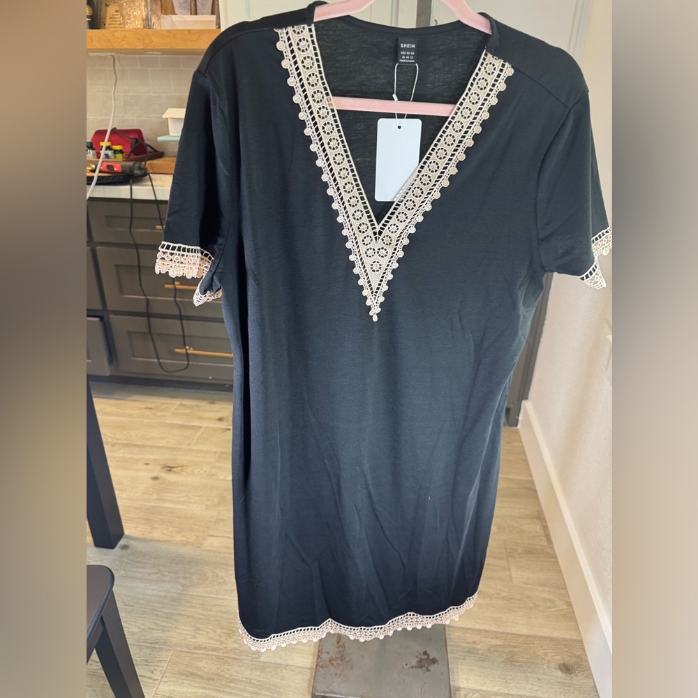 Shein Short Sleeve V-Neck Black Dress with Gold Lace Trim Dress Size L - NWOT